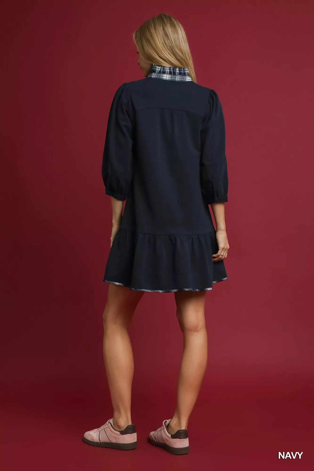 Umgee Navy French Terry Ruffle Hem Dress with Plaid Trim