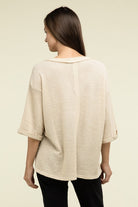 Zenana Brushed Waffle Exposed-Seam 3/4 Sleeve Top ZENANA