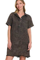 Zenana Tencel Ash Black Mineral Washed Collared Shirt Dress
