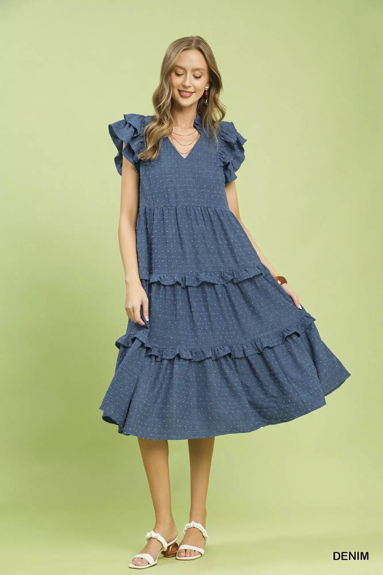 Umgee Denim Textured Ruffle Sleeve Tiered Midi Dress