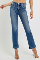 RISEN Dark Washed Tummy Control Elastic Band Mid Rise Straight Jeans DARK