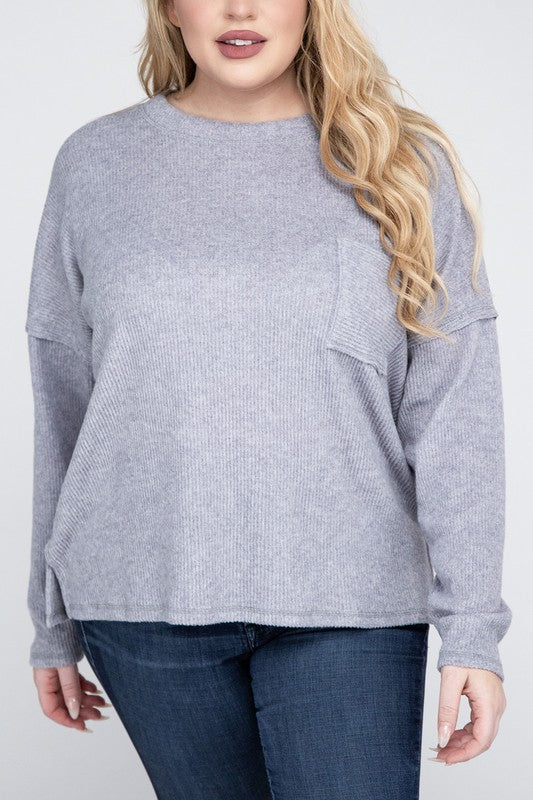 Zenana Plus Size Ribbed Brushed Melange Hacci Sweater H GREY ZENANA