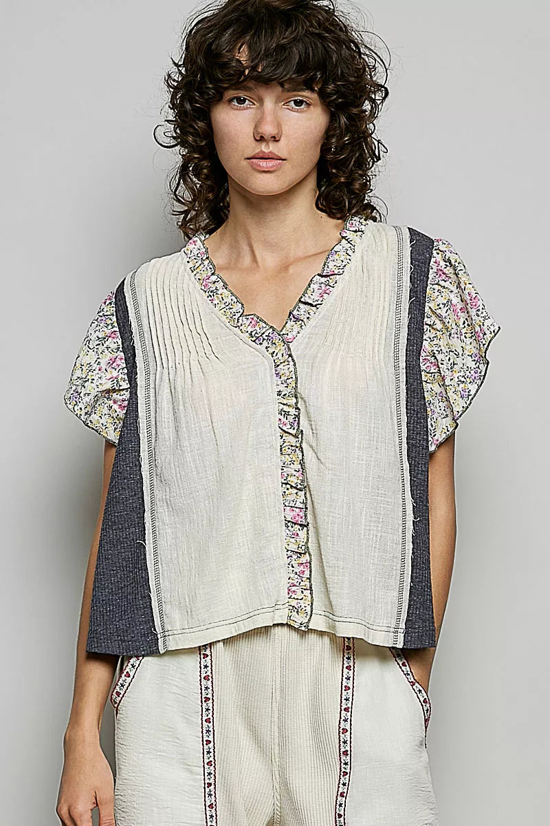 POL V-Neck Floral Ruffle Sleeve Blouse CREAM CHARCOAL