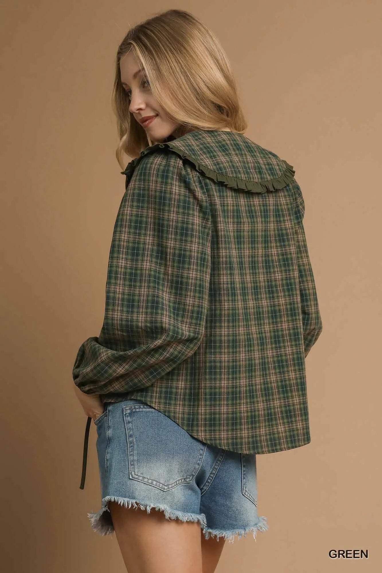 Umgee Green Plaid Ruffle Collar Blouse