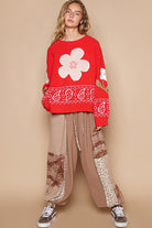 POL Red Flower Lace Patch Long Sleeve Sweater Trendsi