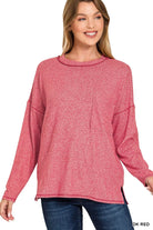 Zenana Dark Red Soft Melange Hacci Round-Neck Long Sleeve T-Shirt
