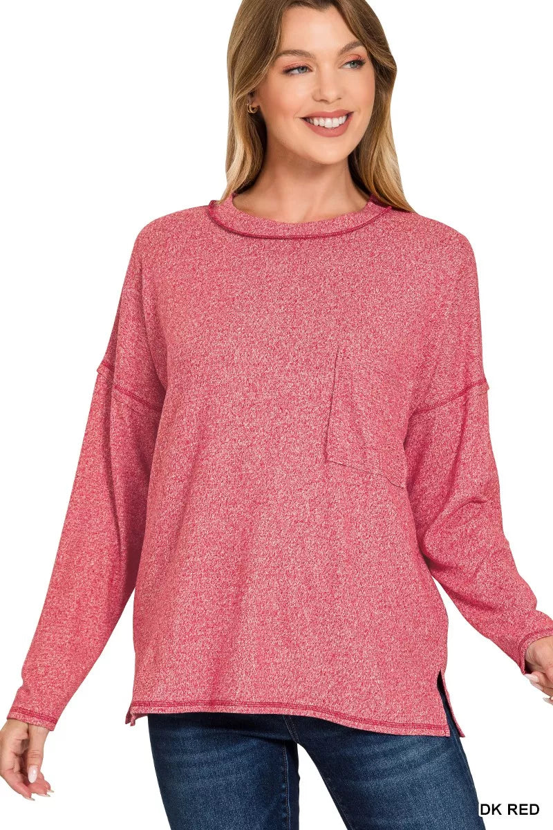 Zenana Dark Red Soft Melange Hacci Round-Neck Long Sleeve T-Shirt