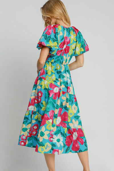 Umgee Azure Tiered Floral Print Notched Puff Sleeve Midi Dress