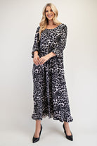 Celeste Gray Leopard Round Neck Flounce Sleeve Dress