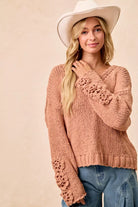 BiBi Dusty Peach Chunky Knit Sweater with Flower Detail Sleeves