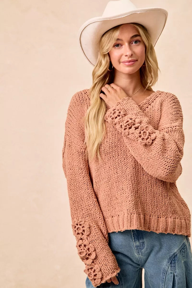 BiBi Dusty Peach Chunky Knit Sweater with Flower Detail Sleeves