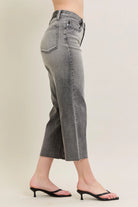 Judy Blue Grey Washed High Waist Front Pocket Embroidered Wide Cropped Leg Denim Jeans