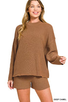 Zenana Deep Camel Round Neck Knit Top and Shorts Sweater Set DEEP CAMEL