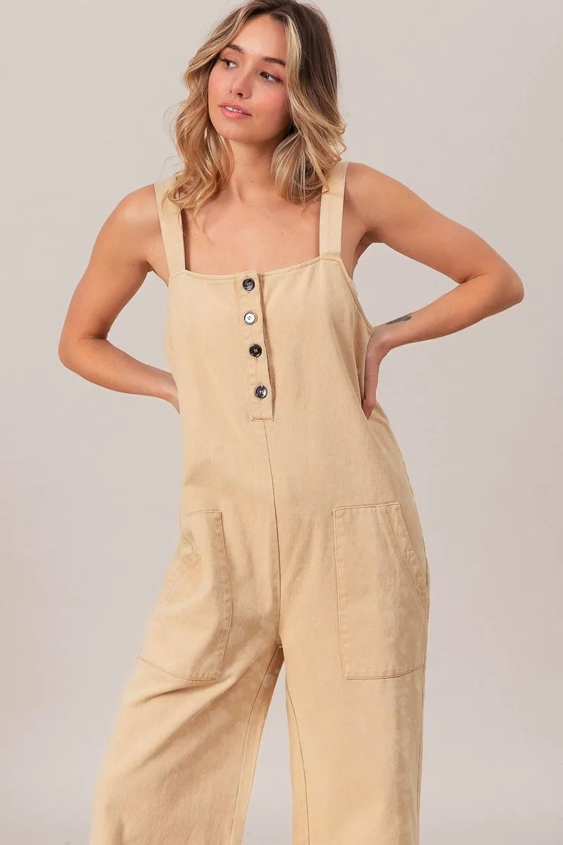 BiBi Oatmeal Washed Denim Buttoned Overall Jumpsuit