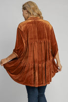 Umgee Terracotta Velvet Button Down Tiered Back High Low Shirt Shirts & Tops