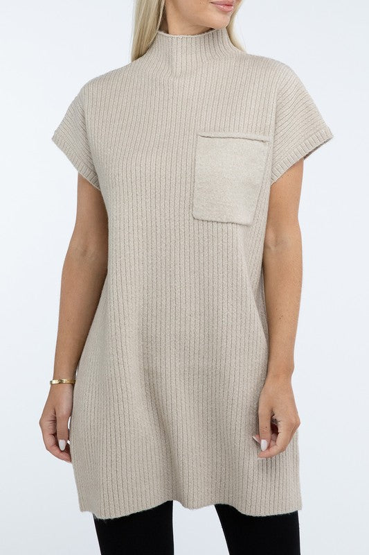 Zenana Mock Neck Short Sleeve Sweater Dress with Pocket in 6 Colors! ASH MOCHA ZENANA