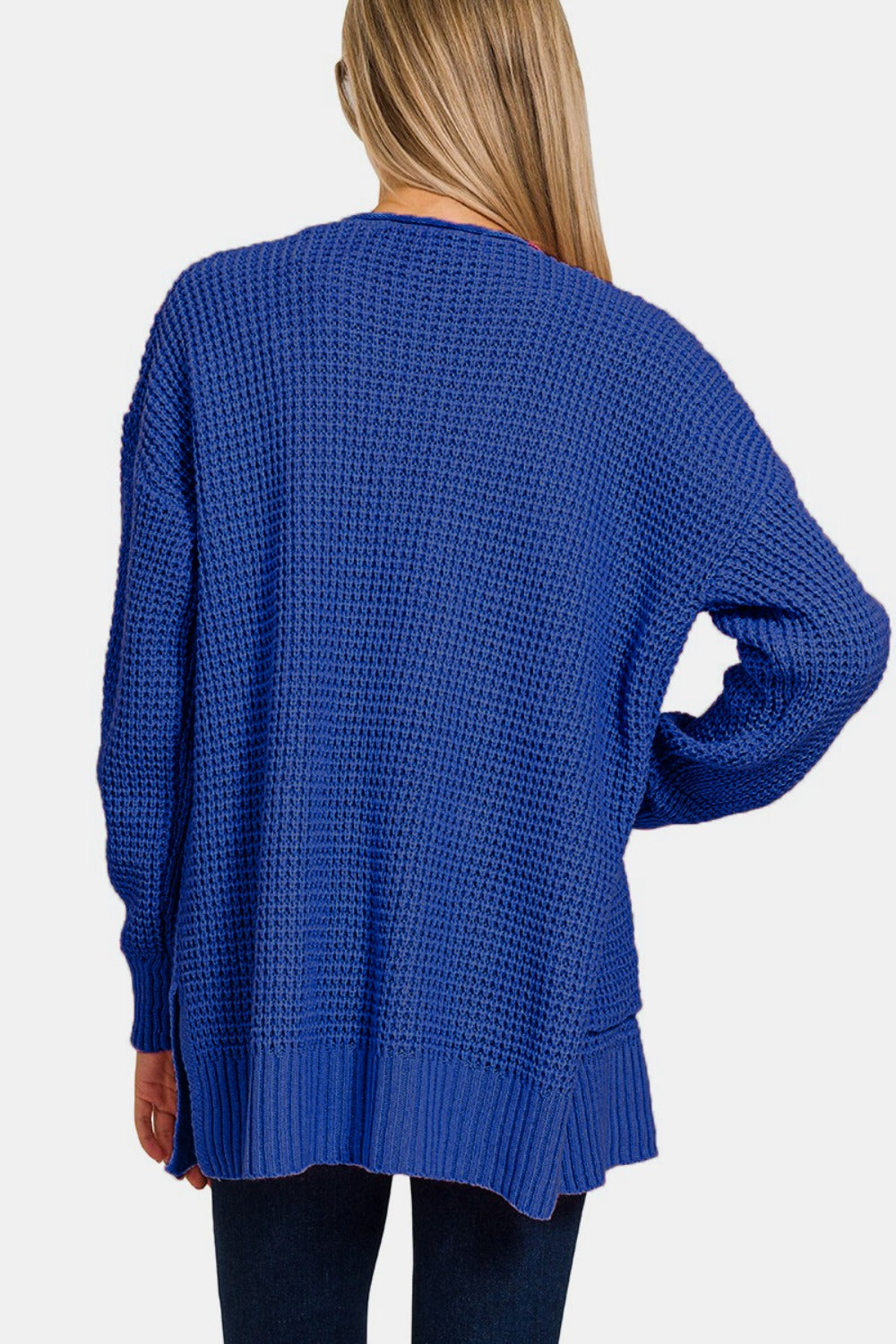 Zenana Light Navy Waffle Open Front Sweater Cardigan