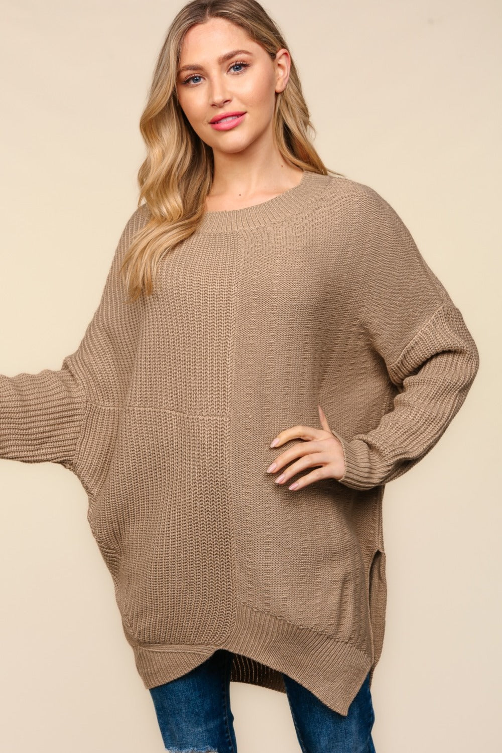 Haptics Taupe Side Slit Textured Asymmetric Sweater Trendsi