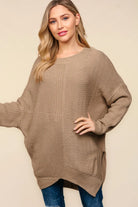 Haptics Taupe Side Slit Texture Asymmetric Sweater