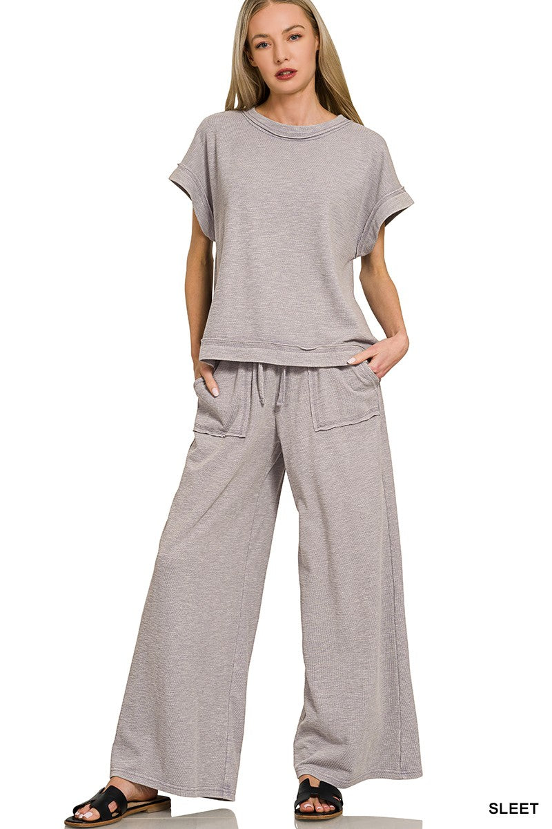 Zenana Sleet Washed Slub Short Sleeve Tee & Long Pants Set SLEET