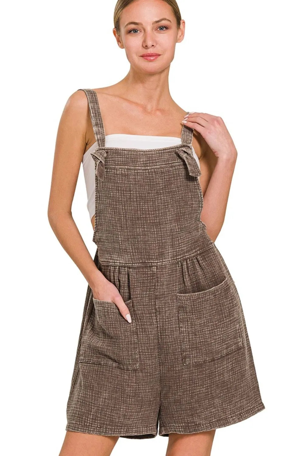 Zenana Dusty Blue Woven Double Gauze Acid Washed Romper