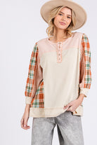 SAGE + FIG Pink Exposed Seam Button Detail Plaid Top