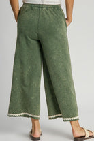 Umgee Moss Peace Lace Applique Mineral Wash Wide Leg Pants