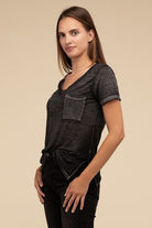 Washed Melange Burnout Scoop V-Neck Top ZENANA