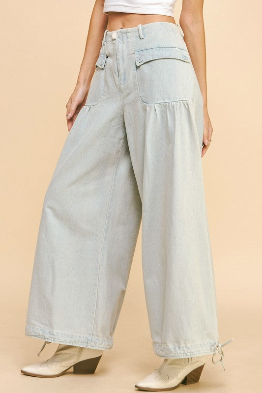 Davi & Dani Drawstring Hem Wide Leg Mid Rise Jeans Denim