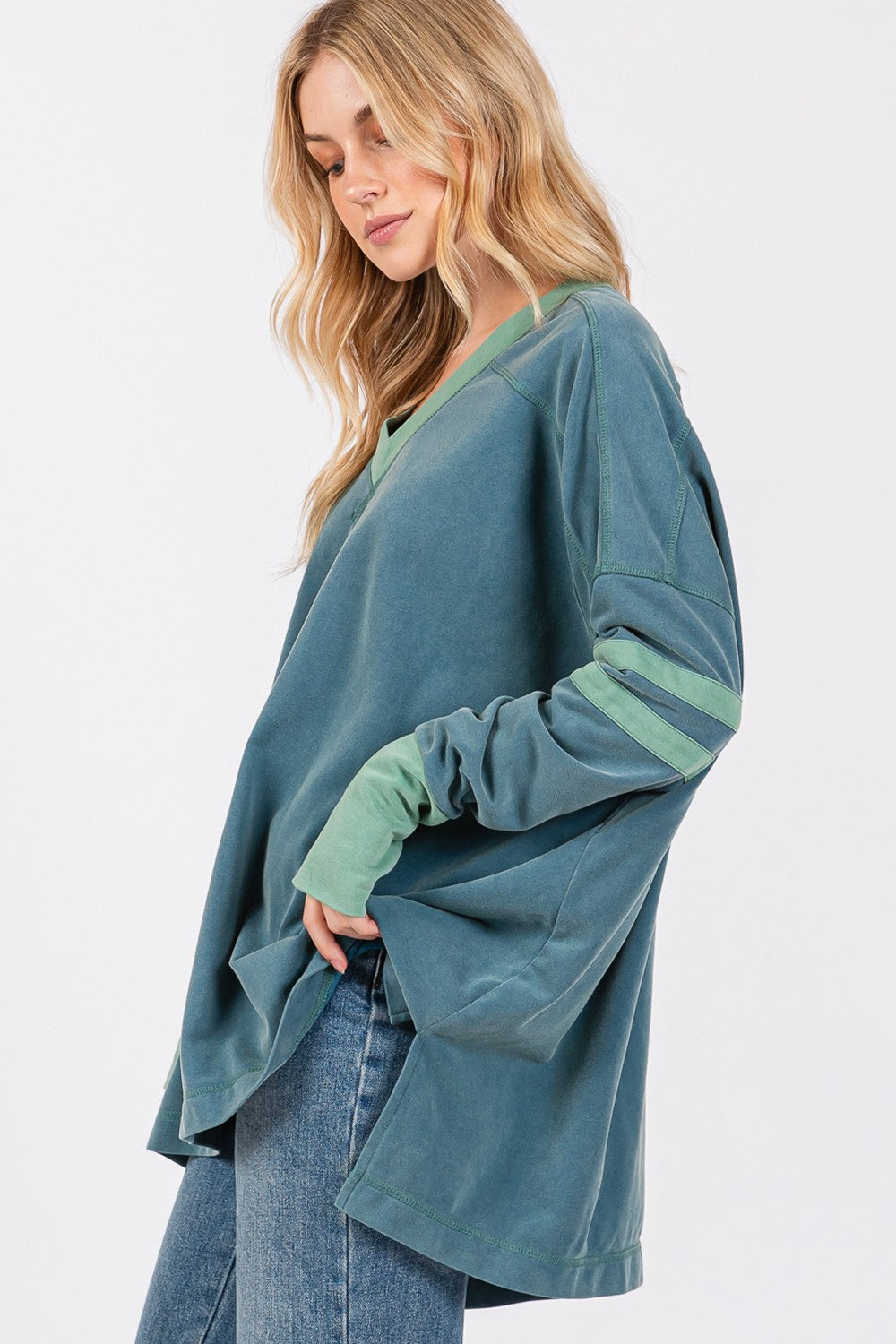 SAGE + FIG Teal Mineral Washed Side Slit Contrast Top Trendsi