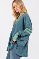 SAGE + FIG Teal Mineral Washed Side Slit Contrast Top Shirts & Tops