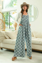 BiBi Denim Washed Vintage Checker Wide Legs Overalls