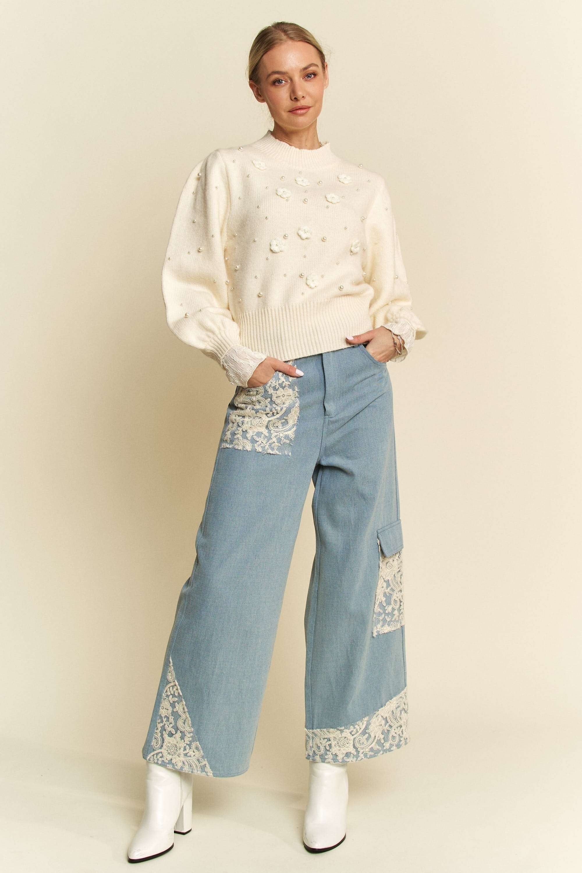 Davi & Dani Lace Applique Wide Leg Light Washed Jeans Pants