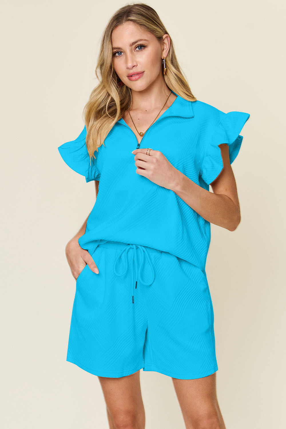 Double Take Quilted Textured Flounce Sleeve Top and Drawstring Shorts Set Sky Blue Loungewear