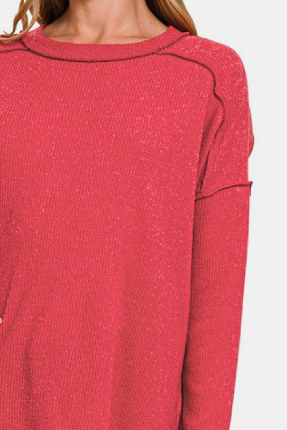 Zenana Red Exposed Seam Brushed Round Neck Sweater