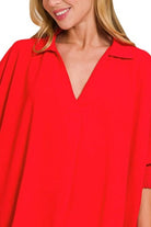 Zenana Tomato Red Airflow Collar Tee with Smocked Sleeve Band Top