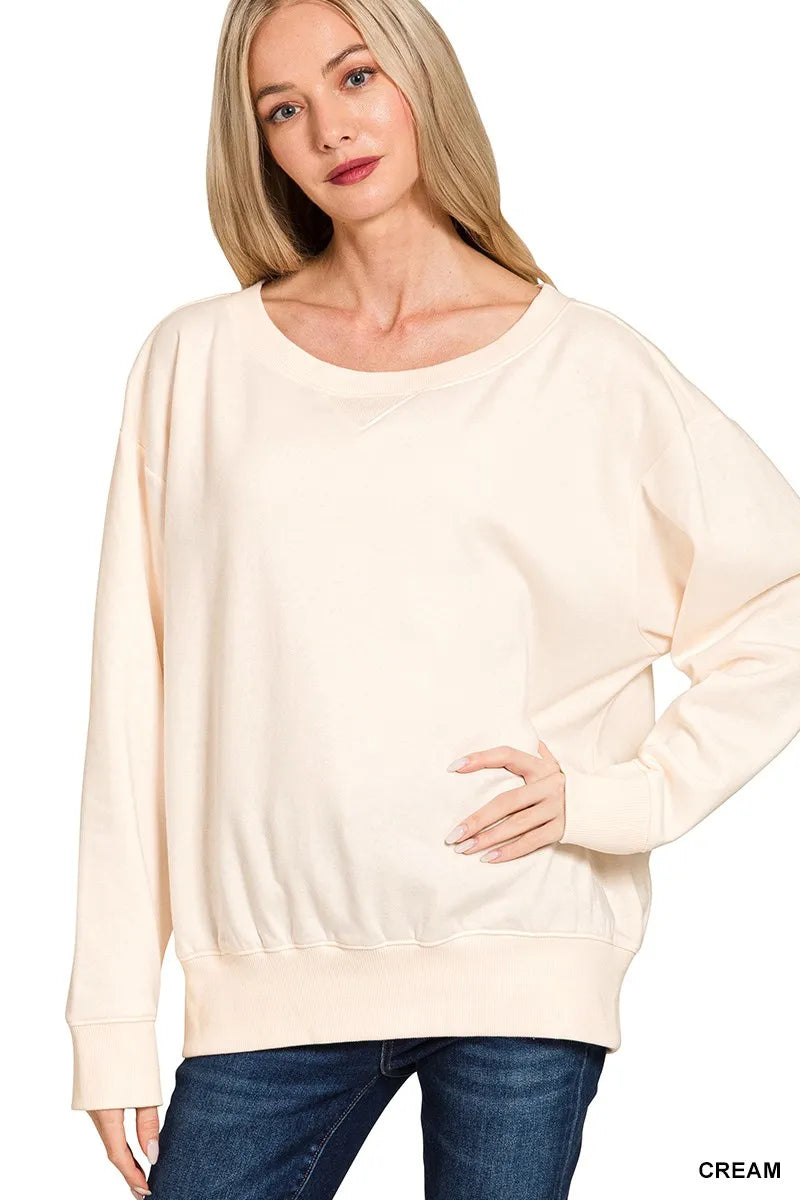 Zenana Cream Fleece Boat Neck Sweatshirt
