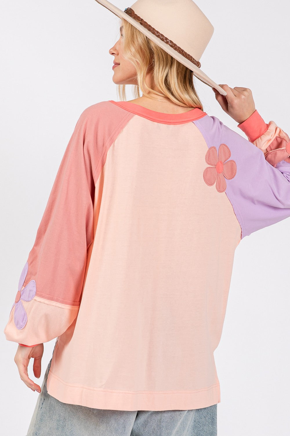 SAGE + FIG Blush Daisy Applique Patch Color Block Long Sleeve Top Trendsi