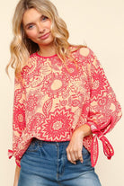 Haptics Peach & Coral Ribbon Bow Detail Floral Round Neck Bubble Sleeve Blouse Shirts & Tops