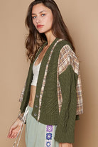 POL Cable-Knit Plaid V-Neck Button Up Cardigan in Moss Shirts & Tops