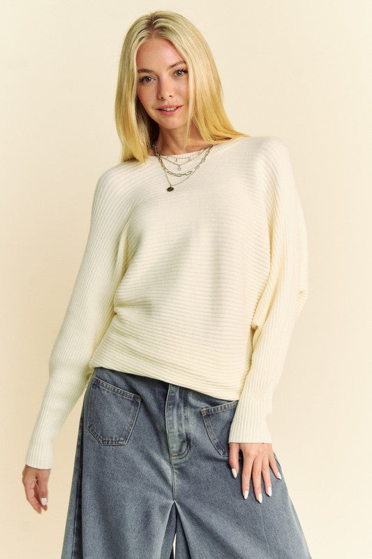 Davi & Dani Cream Round Neck Batwing Sleeve Sweater