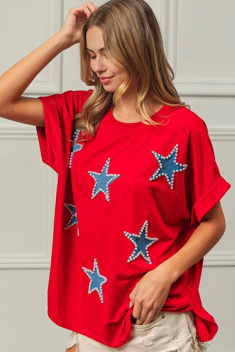 BiBi Red Beaded Stars Appliques Fourth Of July Terry T-Shirt