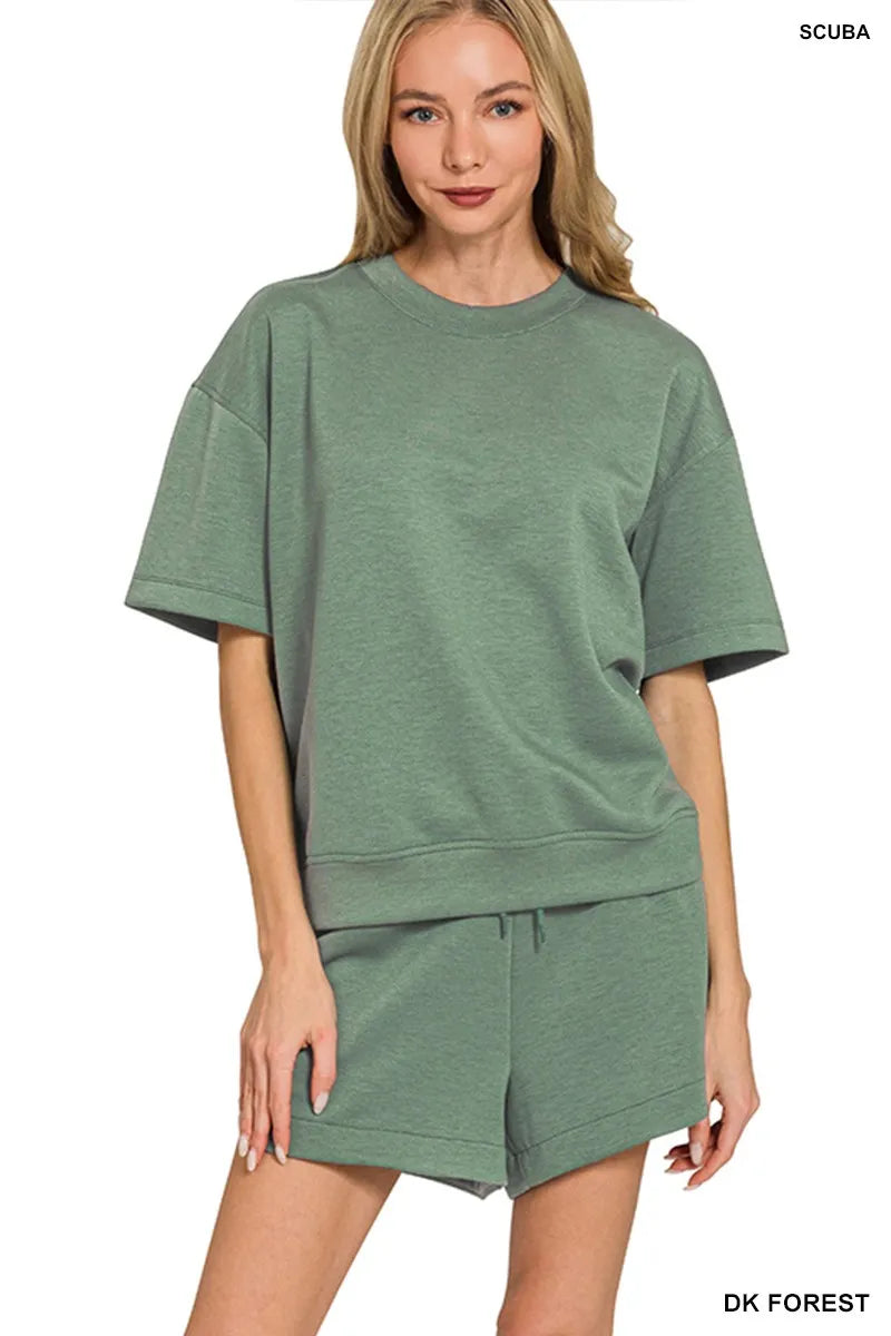 Zenana Dark Forest Scuba Short Sleeve Top & Shorts Set DK FOREST