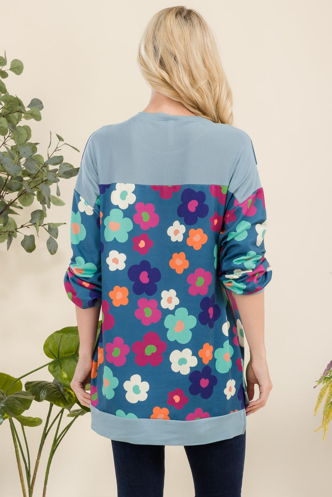 Celeste Teal & Florida Side Slit Print Long Sleeve Top Shirts