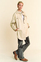 Davi & Dani Beige Faux Leather Button Up Jacket with Chest Pockets Coats & Jackets