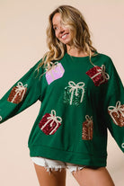 BiBi Green Sequin Christmas Gift Box Embroideries Pullover