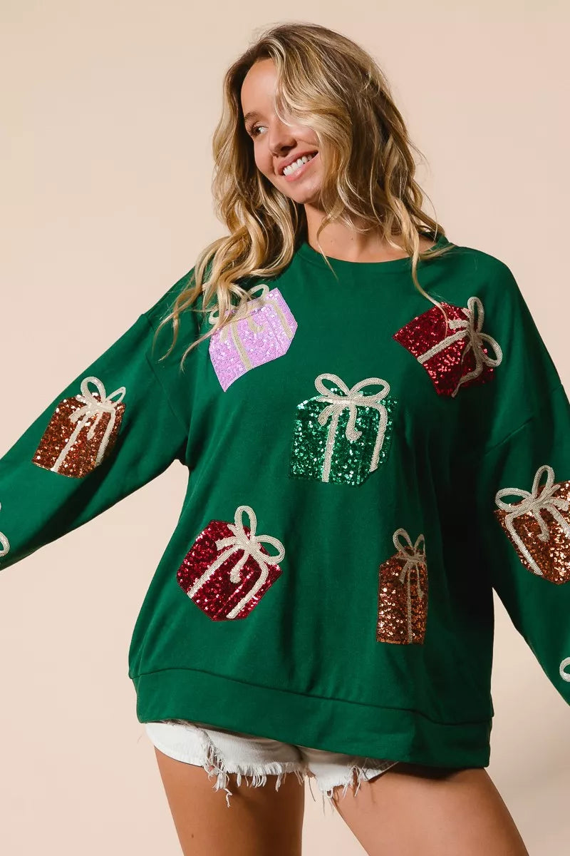 BiBi Green Sequin Christmas Gift Box Embroideries Pullover