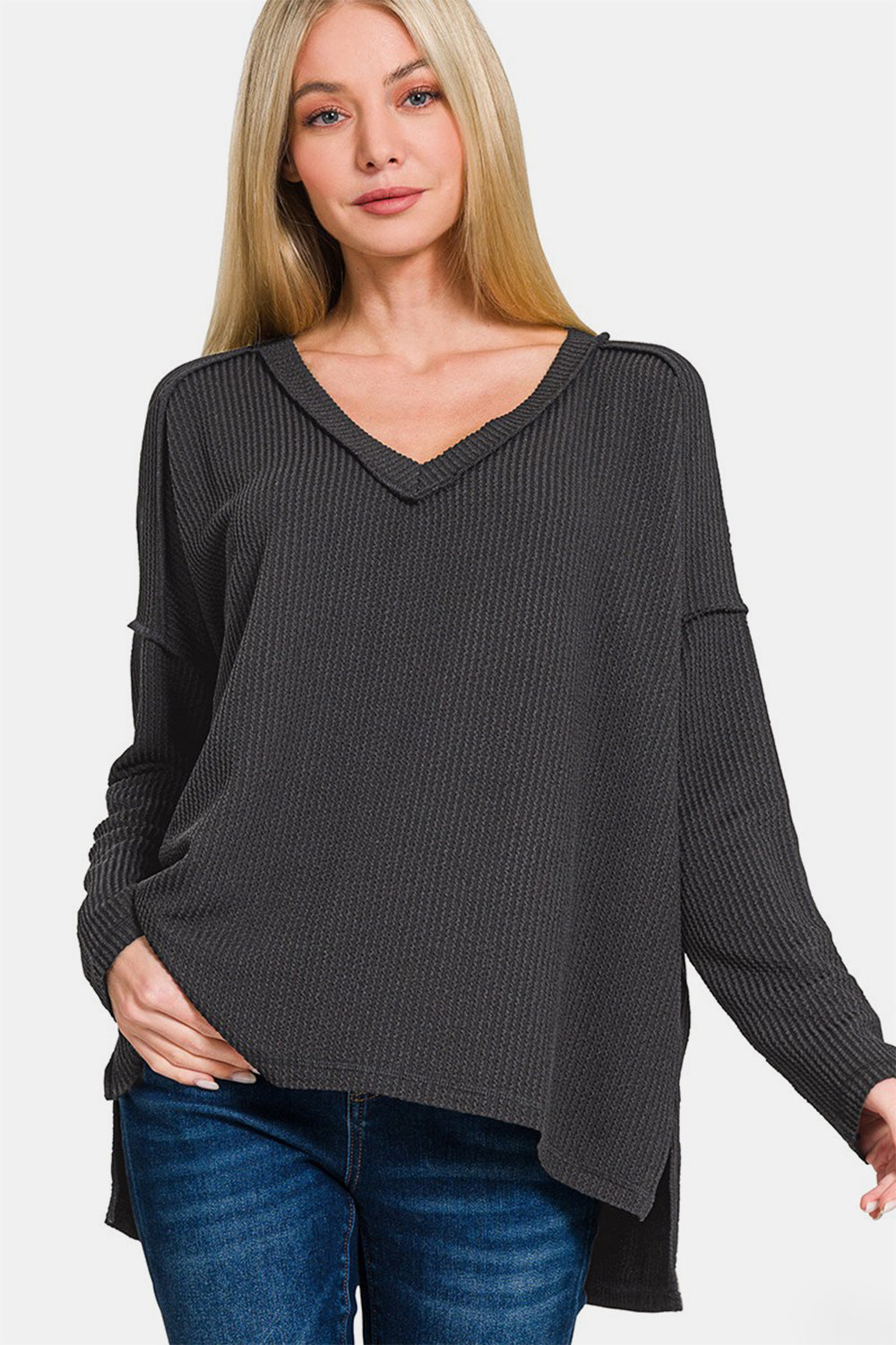 Zenana Black Ribbed Exposed Seam V-Neck Long Sleeve Top Black Shirts & Tops