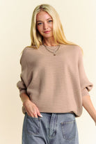 Davi & Dani Tan Round Neck Batwing Sleeve Sweater