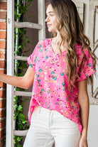 Heimish Pink Multi Color Animal print V-Neck Short Sleeve Blouse